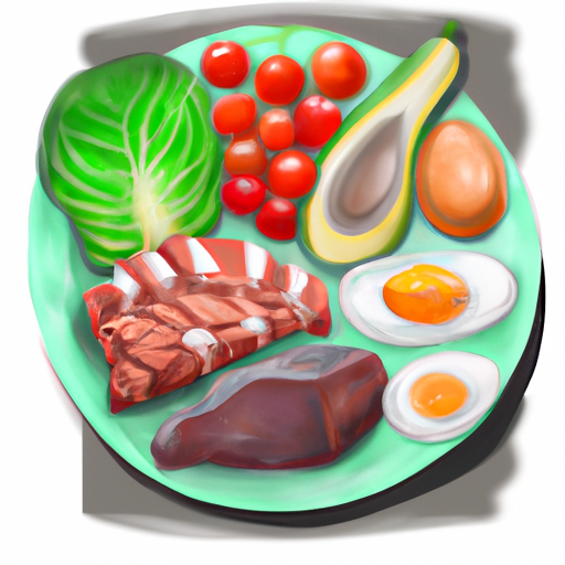 תמונה של צלחת מזון בעקבות הדיאטה הקטוגנית, הכוללת מנת חלבון, ירקות ושומנים בריאים.