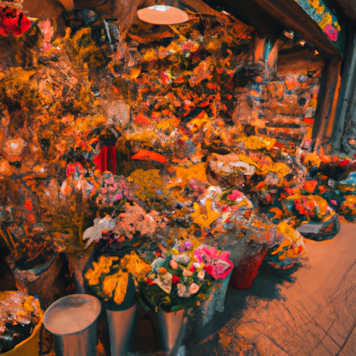 צילום בזווית רחבה של דלפק של חנות פרחים עם מגוון פרחים