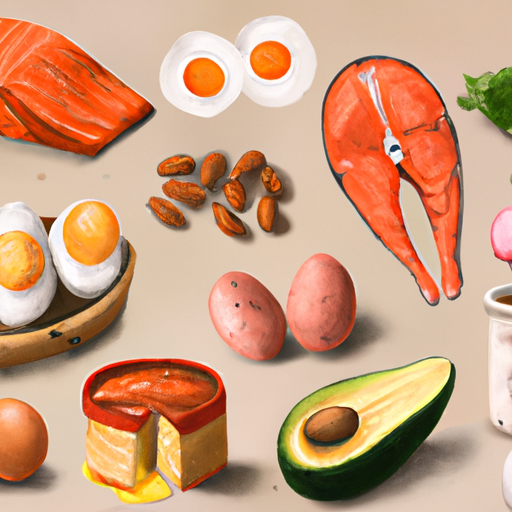 תמונה של מגוון מזונות שאושרו על ידי קטו, כמו ביצים, סלמון, אבוקדו ואגוזים.