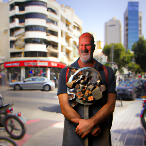תמונה של מנעולן בתל אביב, מוקף ברחובות העיר השוקקים.