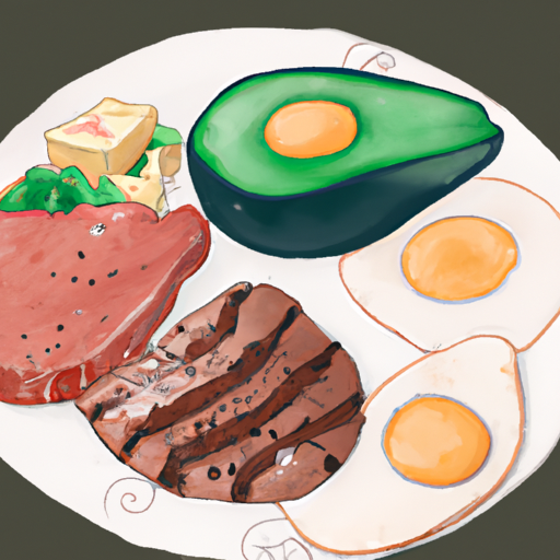 צלחת של מאכלים שונים ידידותיים לתזונה קטוגנית כולל סטייק, ביצים ואבוקדו.