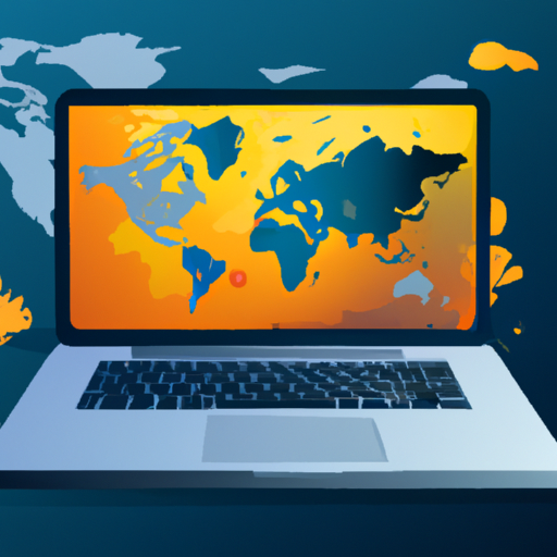 איור של מחשב נייד עם מפת עולם על המסך, תוך שימת דגש על האופי הגלובלי של קידום אתרים.