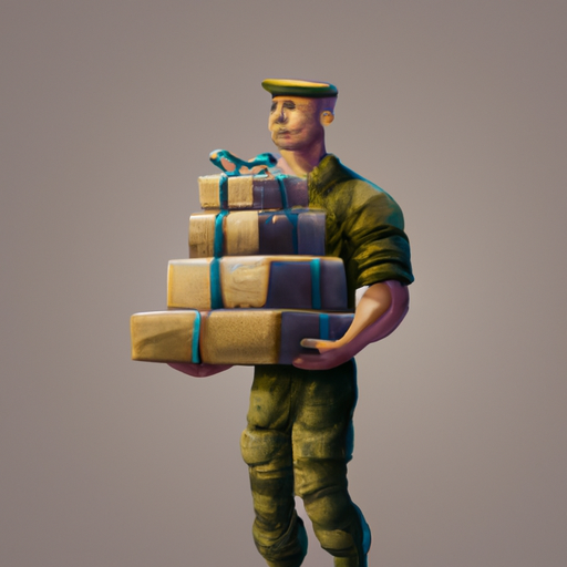 תמונה של חייל אוחז בחבילת מתנות עטופות