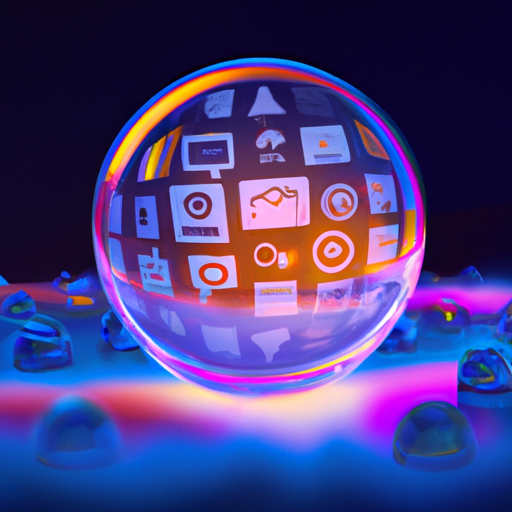 כדור בדולח עם אייקוני מדיה חברתית מסביב, המסמלים את עתיד השיווק ברשתות החברתיות