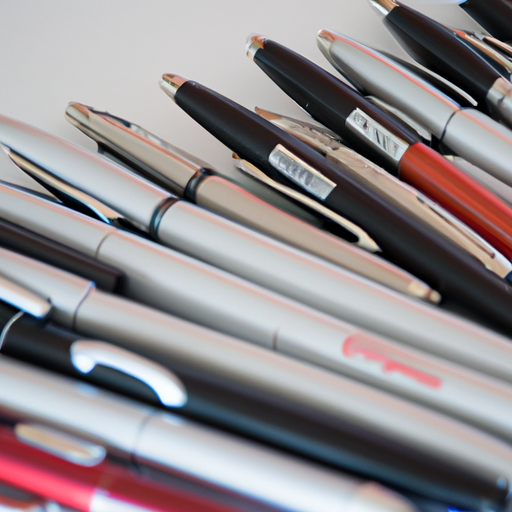 1. תמונה המציגה מגוון עטים ממותגים עם לוגו עסקי שונים